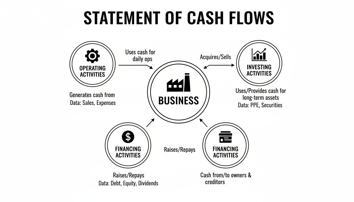 Diagram illustrating the statement of cash flows for a business, detailing operating, investing, and financing activities.