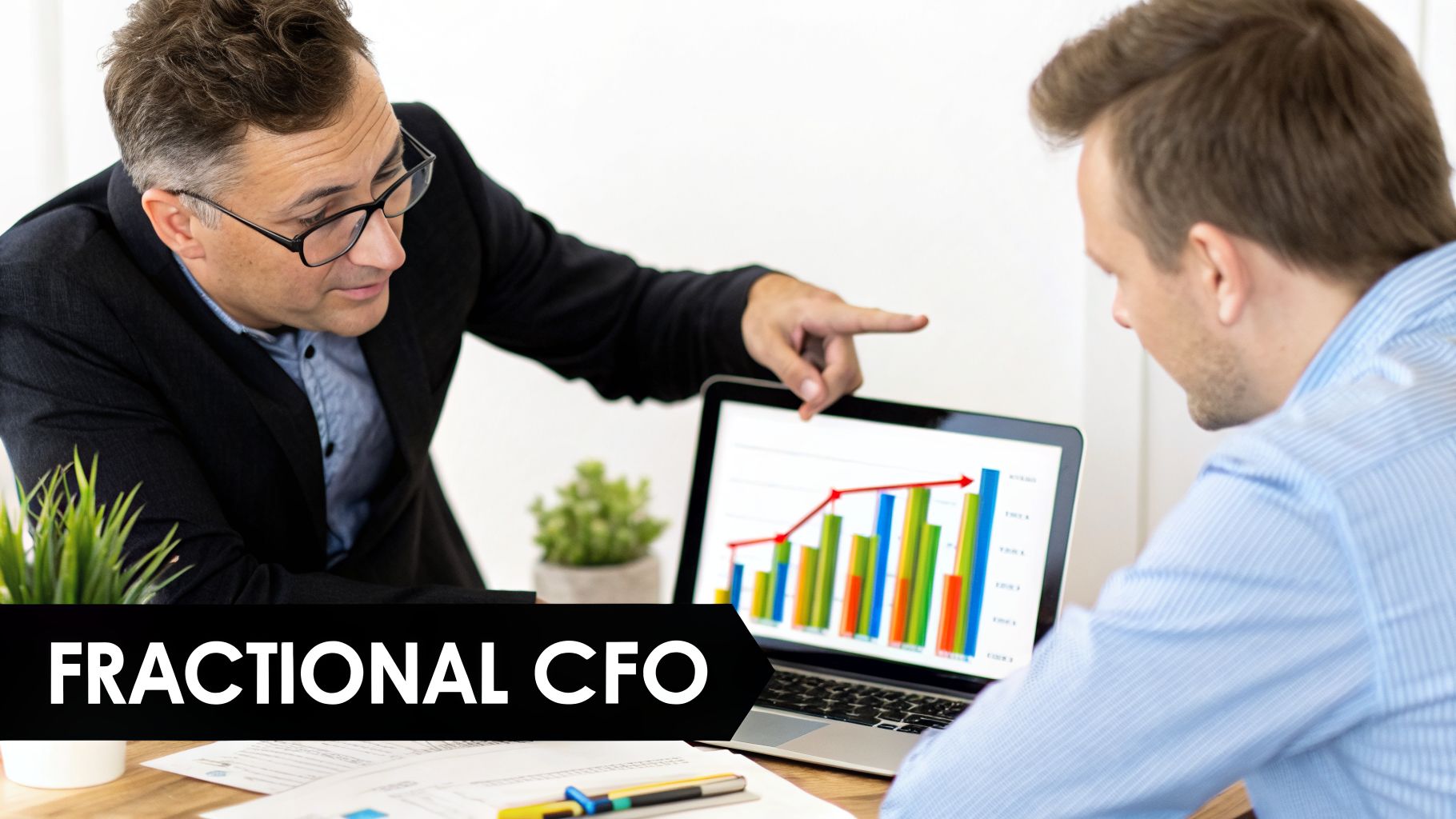 Two men, one a Fractional CFO, discuss financial graphs on a laptop during a business meeting.