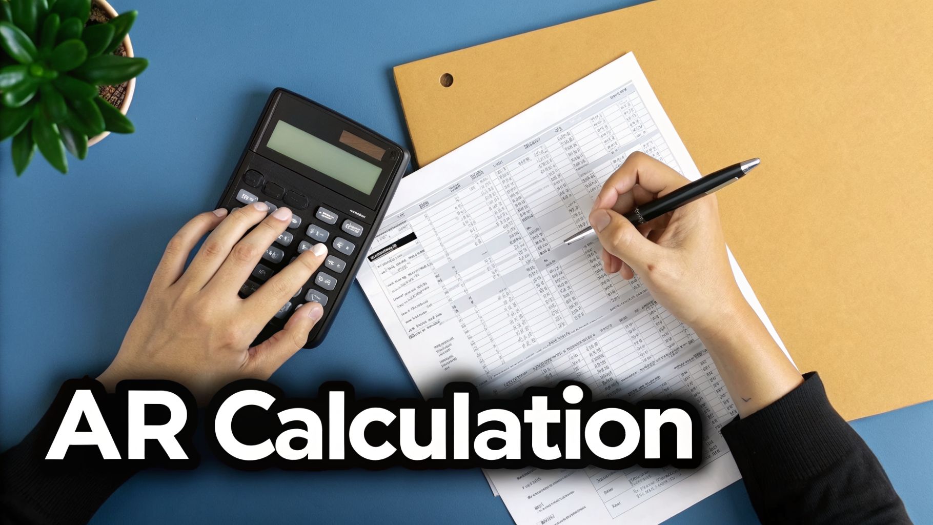 Person calculating Accounts Receivable (AR) using a calculator and financial documents on a blue desk.