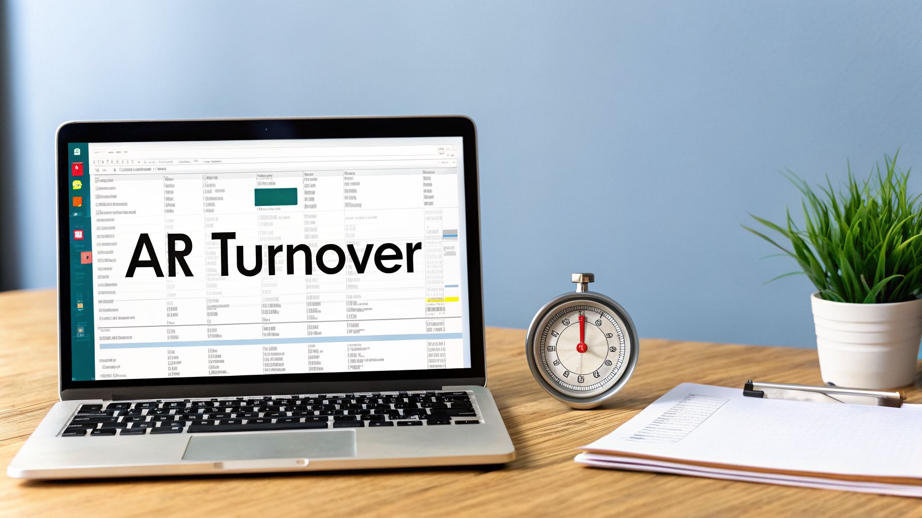 A laptop displaying "AR Turnover" on its screen, next to a stopwatch and a plant on a wooden desk.