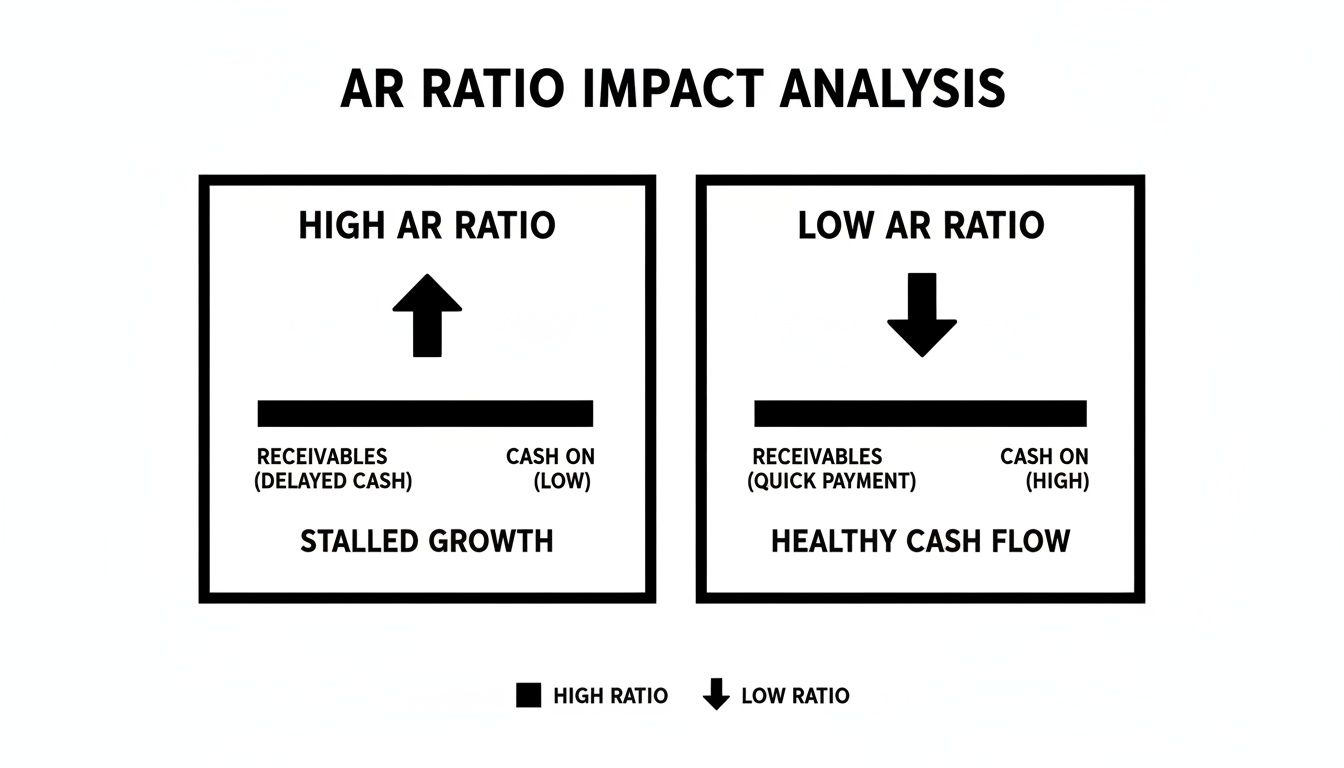 Visual comparison of high and low AR ratios, detailing effects on receivables, cash, and business growth.
