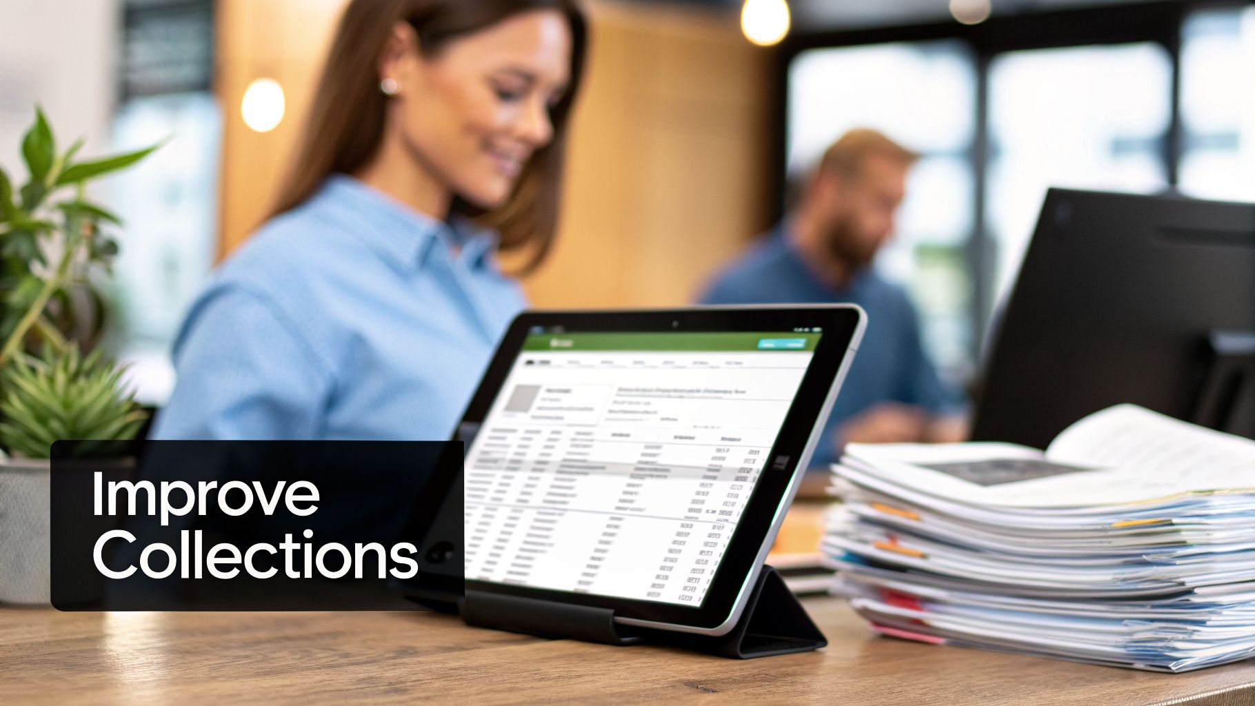 A smiling woman reviewing financial data on a tablet in an office, with 'Improve Collections' text overlay.