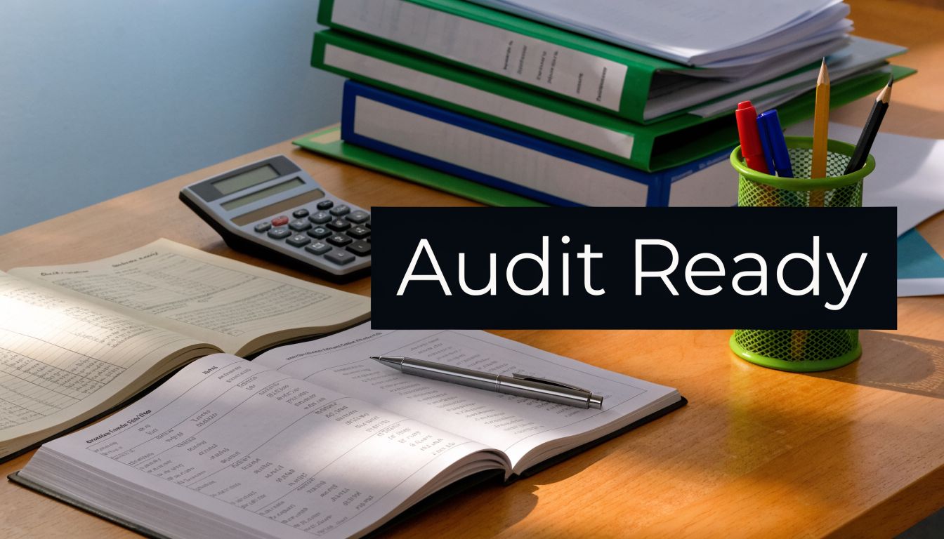 A professional desk workspace featuring ledgers, a calculator, pens, and stacked binders representing audit readiness.