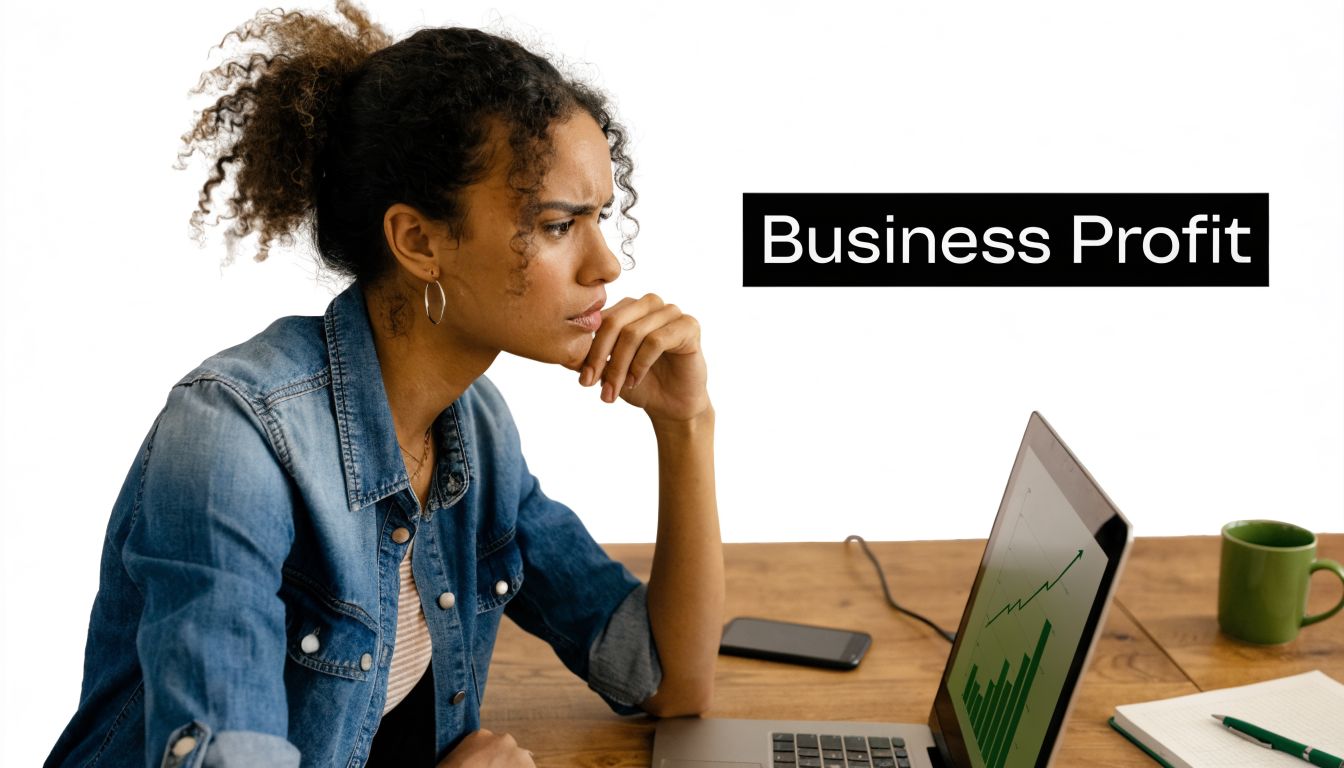 A focused young woman in a denim jacket analyzes business profit data on her laptop screen.