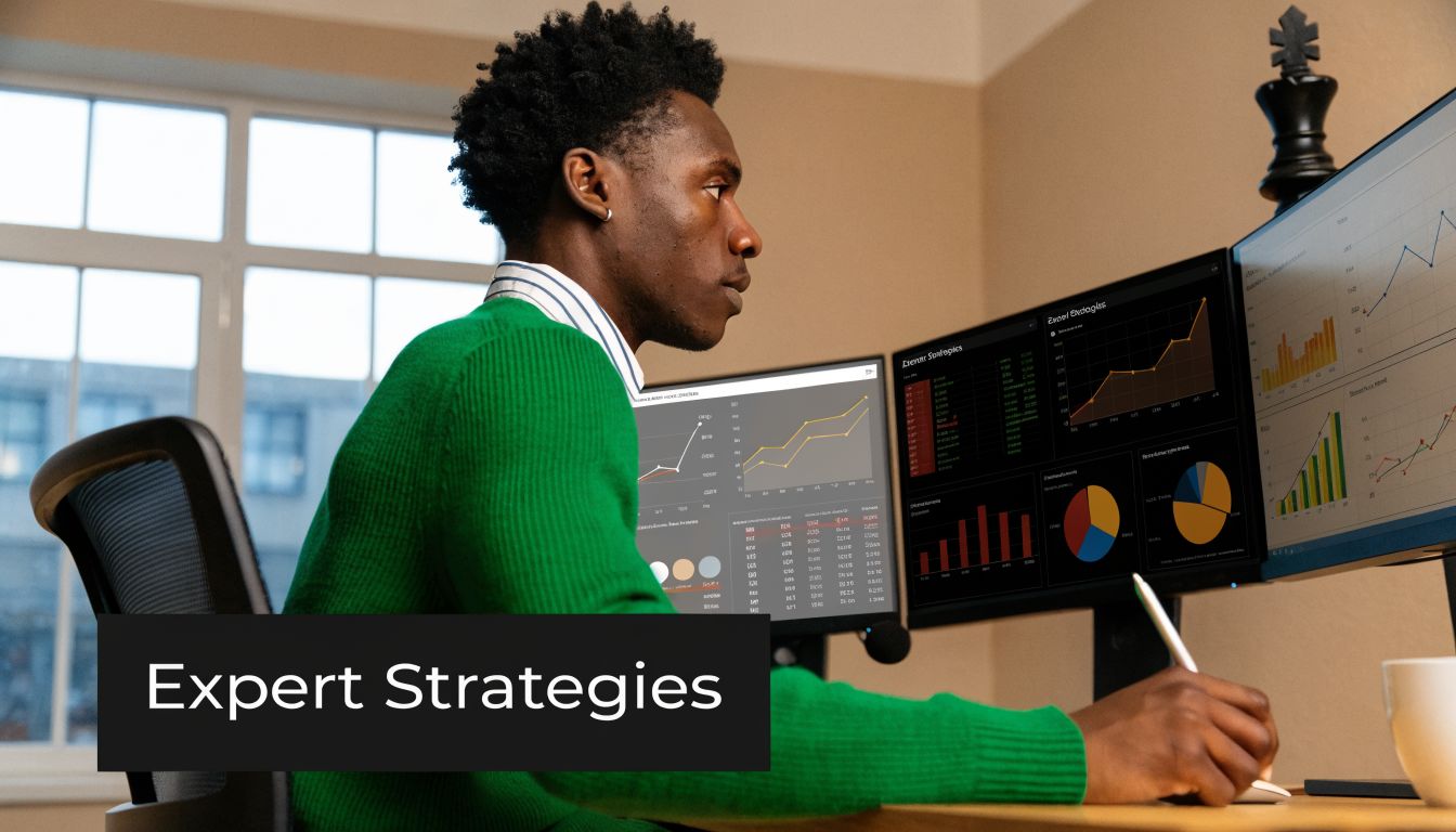 A professional analyst working at his desk with multiple computer screens displaying complex financial charts and data.