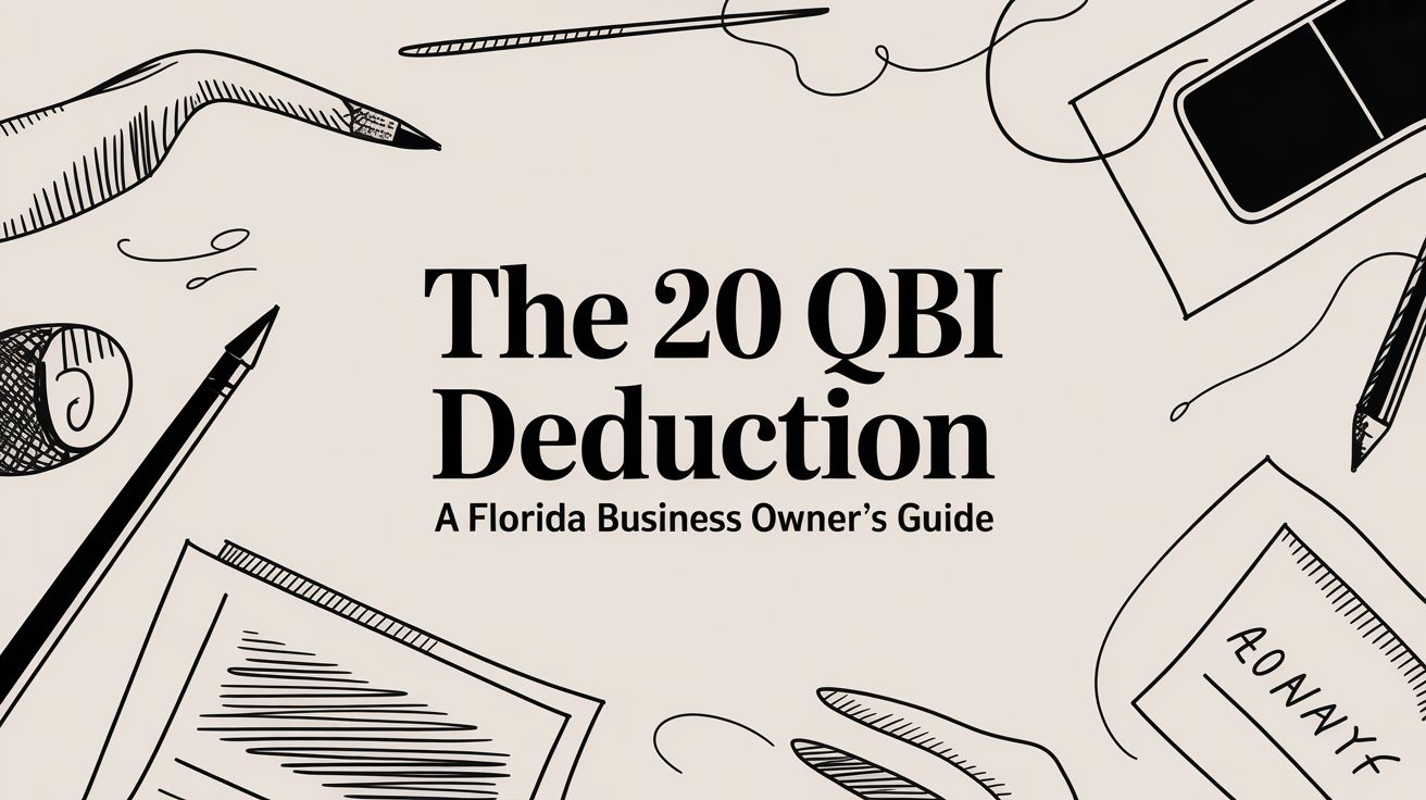 20-qbi-deduction-stationery-flatlay Cover of a guide: 'The 20 QBI Deduction' with subtitle 'A Florida Business Owner's Guide' surrounded by desk-supply drawings
