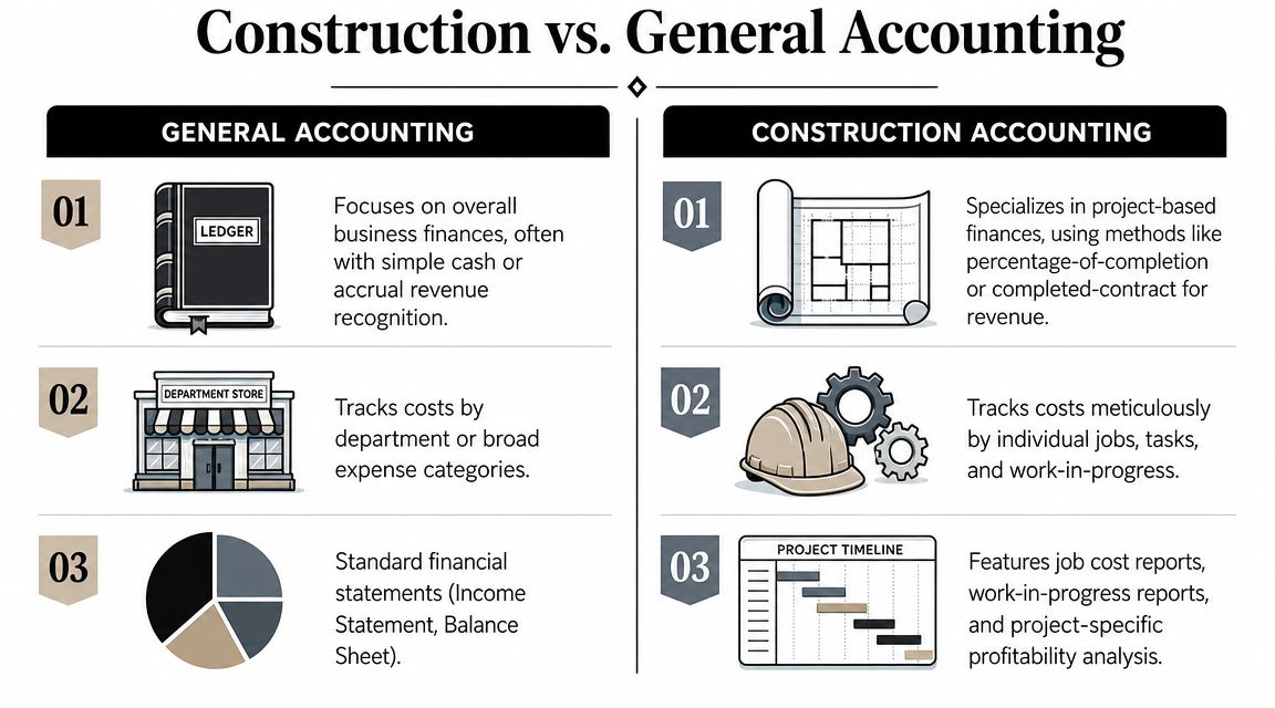 A comparison chart showing the key differences between general accounting and specialized construction accounting practices.