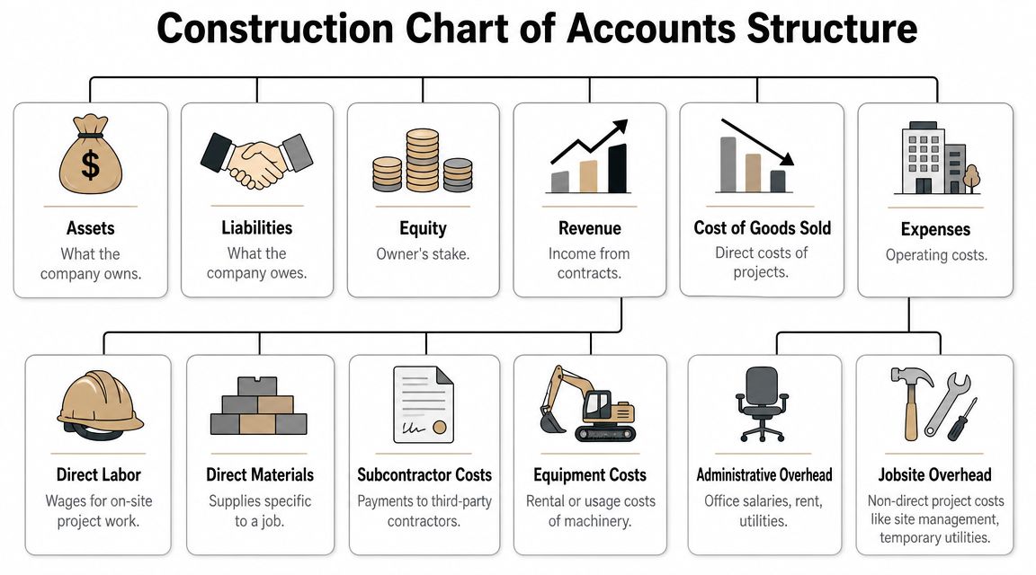 A diagram illustrating the chart of accounts structure used specifically for construction company financial management.