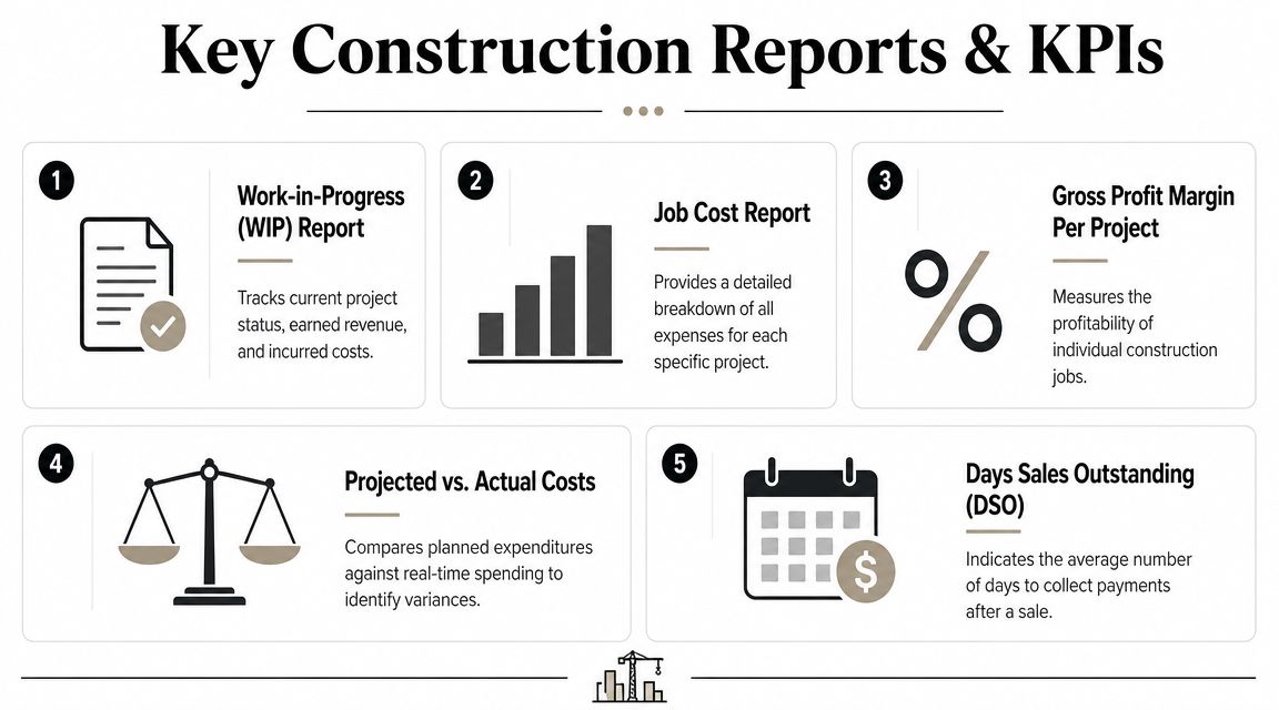 An infographic showing five essential construction business reports and key performance indicators with descriptive icons.