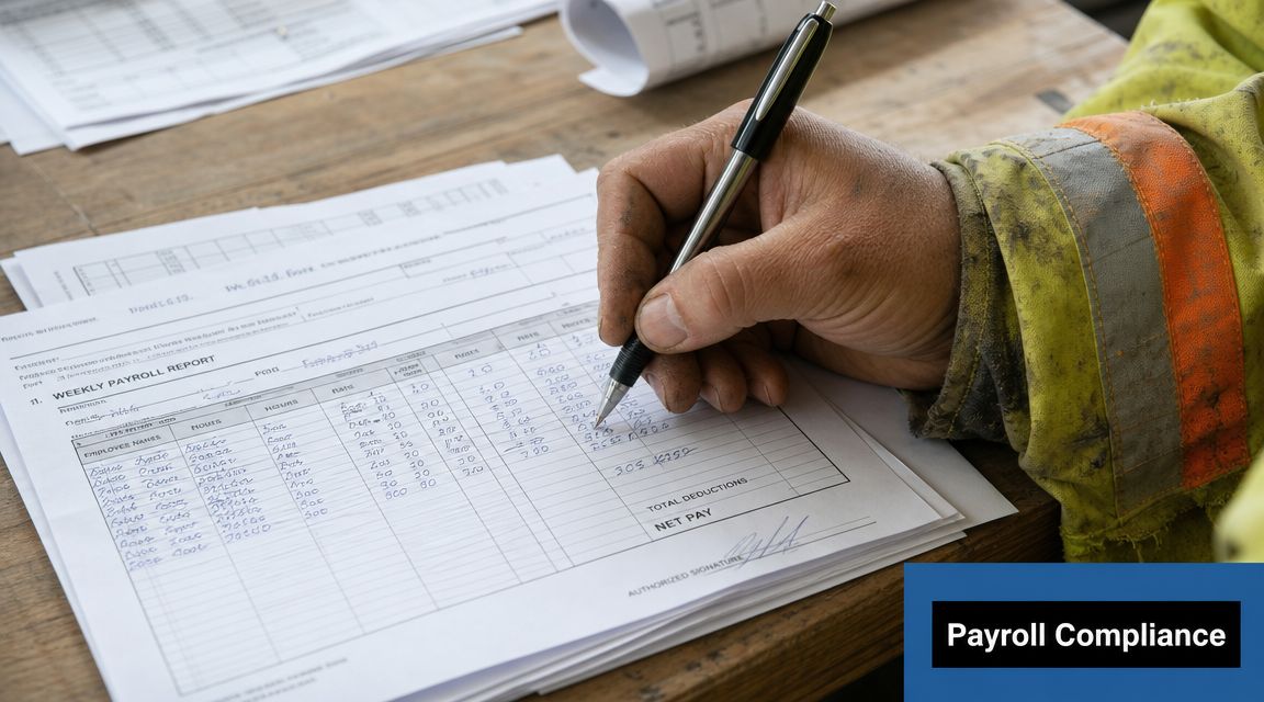 A construction worker filling out a handwritten weekly payroll report on a wooden table.