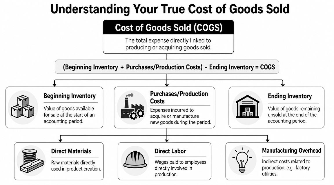 An infographic explaining the Cost of Goods Sold formula including inventory, production costs, and components.