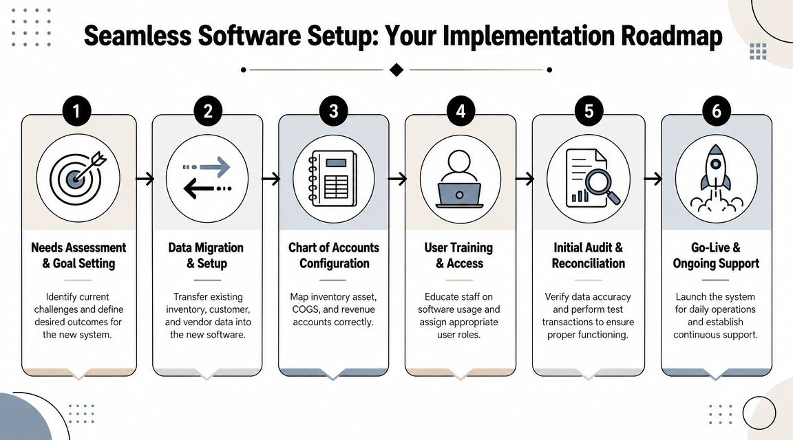 A six-step infographic showing the software implementation roadmap for businesses, starting with needs assessment and finishing with support.