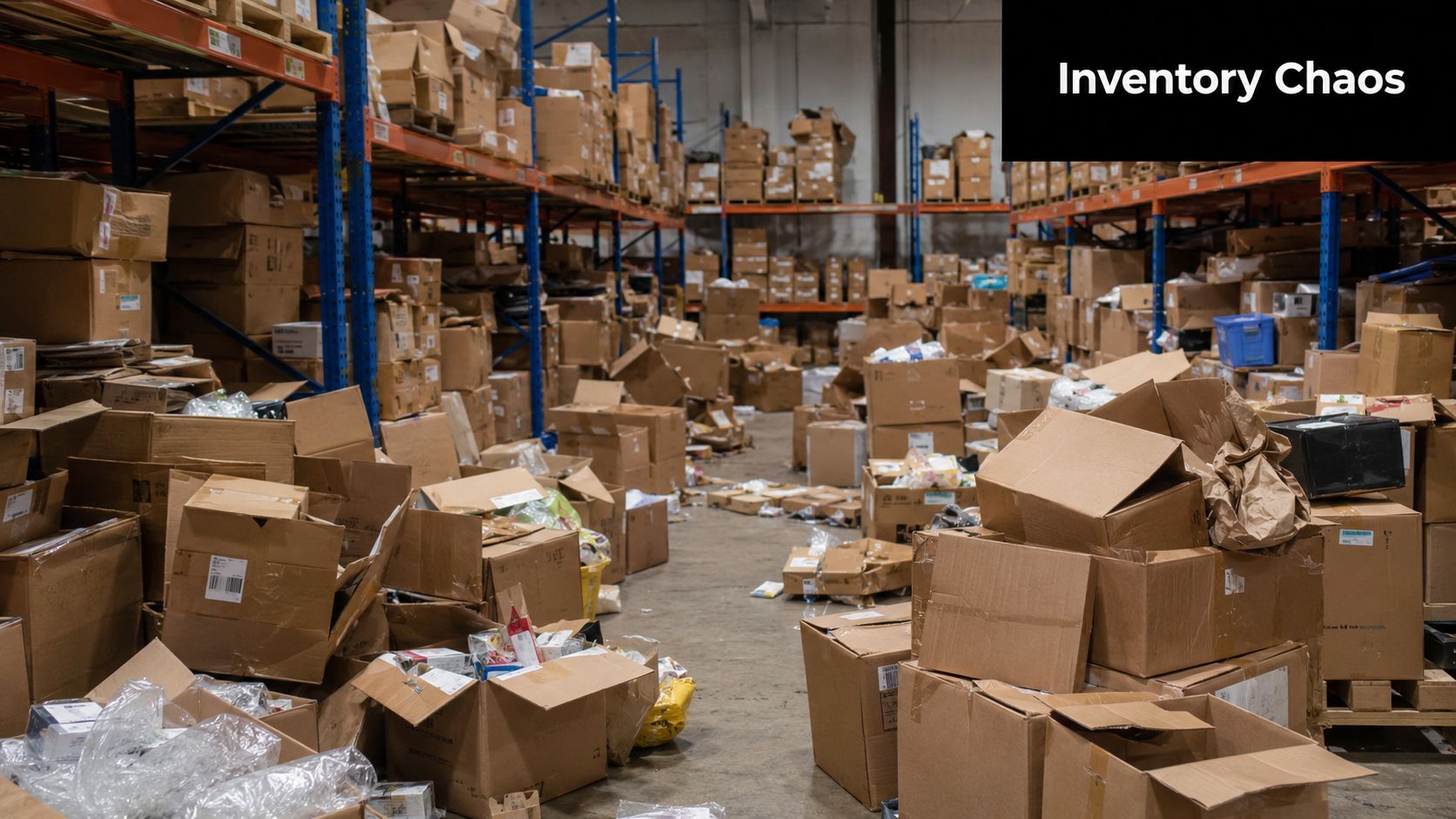 A chaotic warehouse floor filled with disorganized cardboard boxes and shipping supplies scattered across the concrete floor.