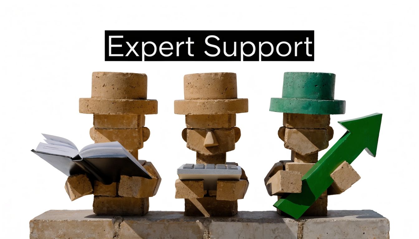 Three figures made of bricks, including one reading a book, one with a calculator, and one holding an arrow.