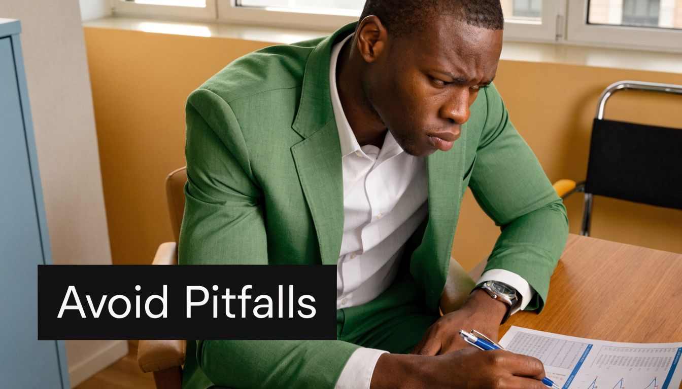 A focused man in a green suit reviews financial paperwork while sitting at an office desk.