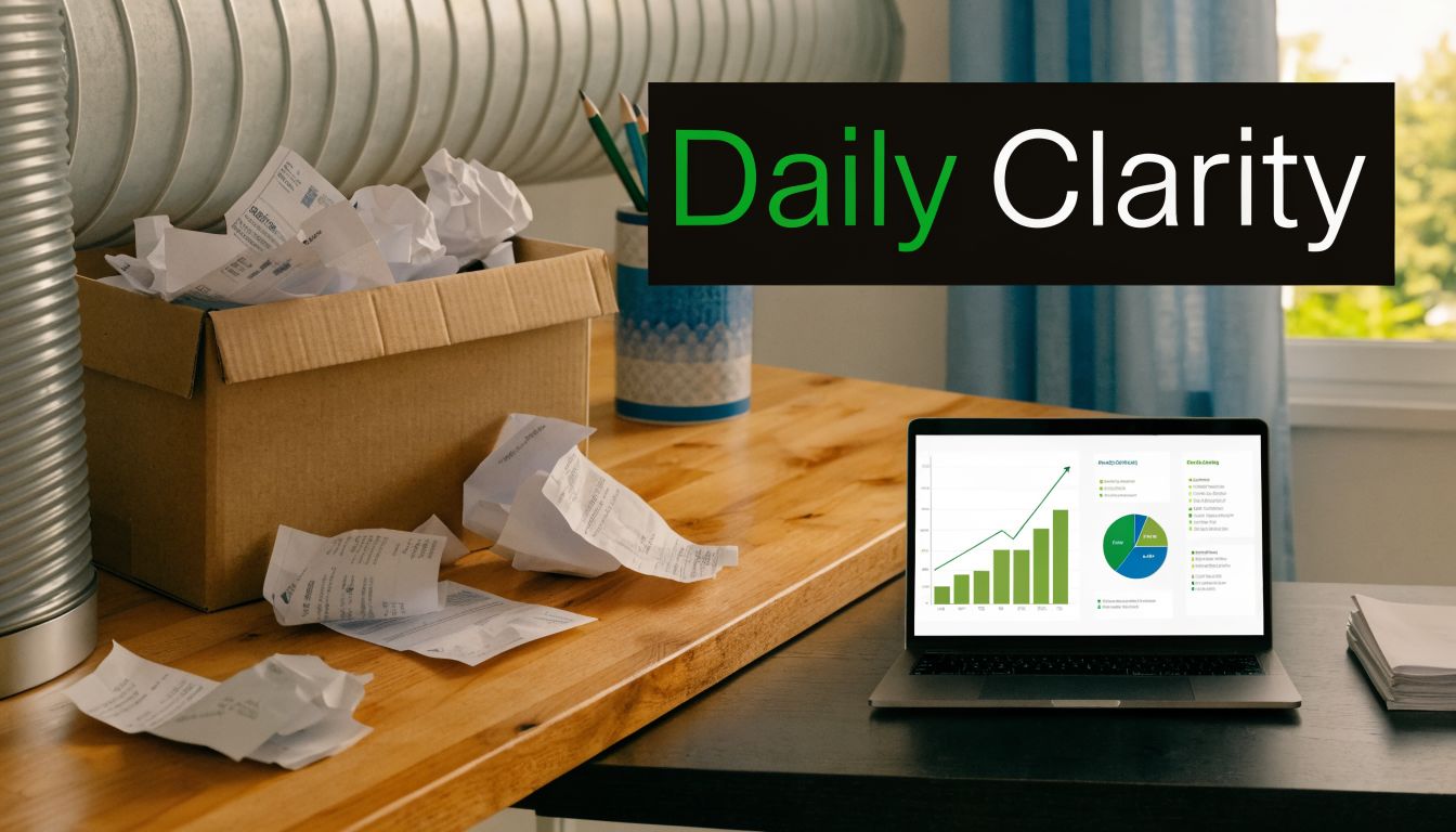 A workspace featuring a box of receipts next to a laptop displaying financial charts and graphs.