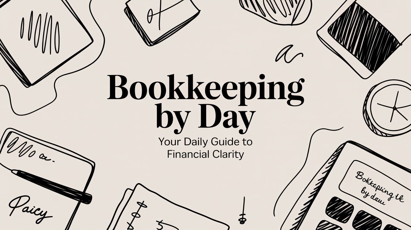 bookkeeping-by-day-financial-planning Cover illustration for 'Bookkeeping by Day' with hand-drawn office doodles around the title, conveying a bookkeeping theme.