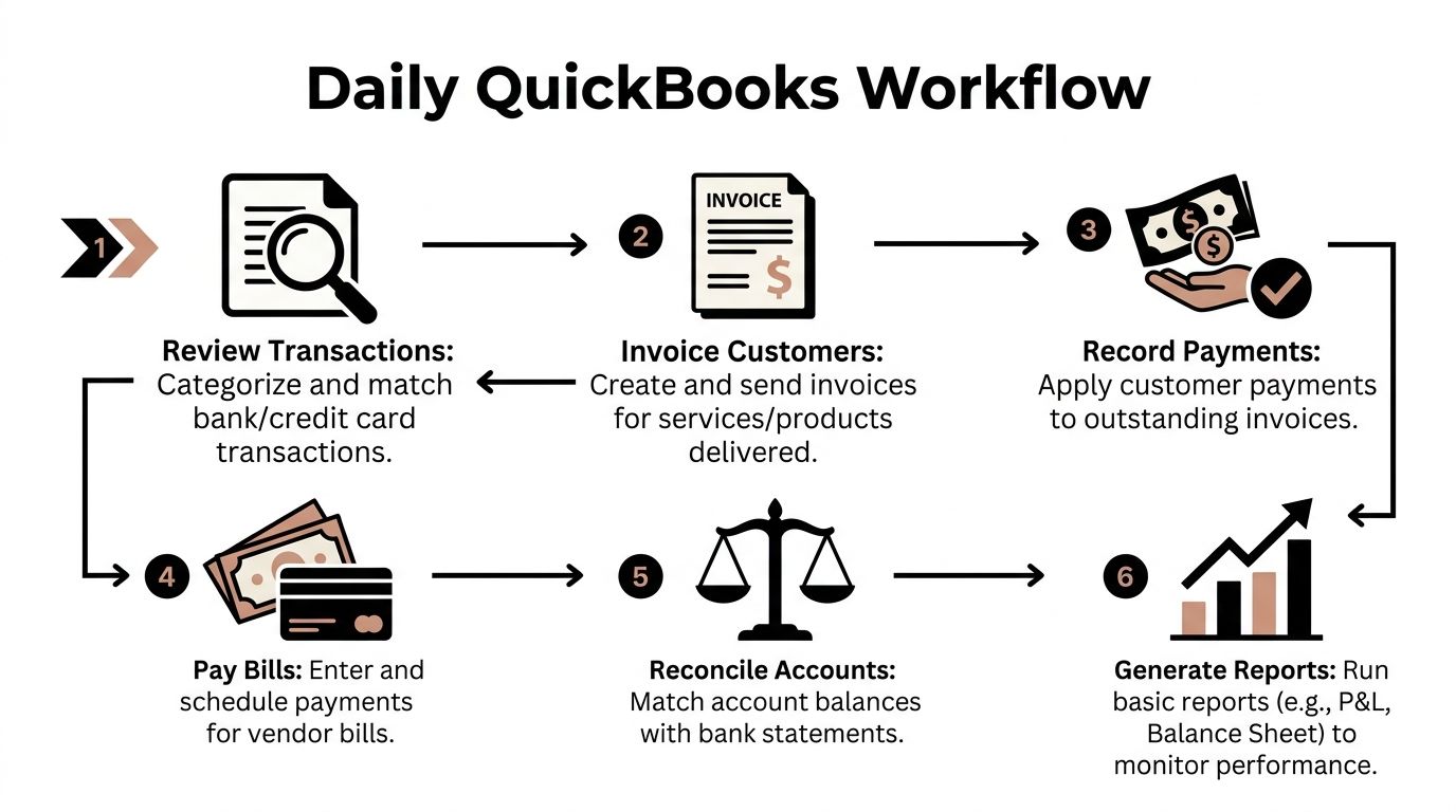A diagram illustrating a daily QuickBooks workflow for business accounting, including six sequential steps for financial management.