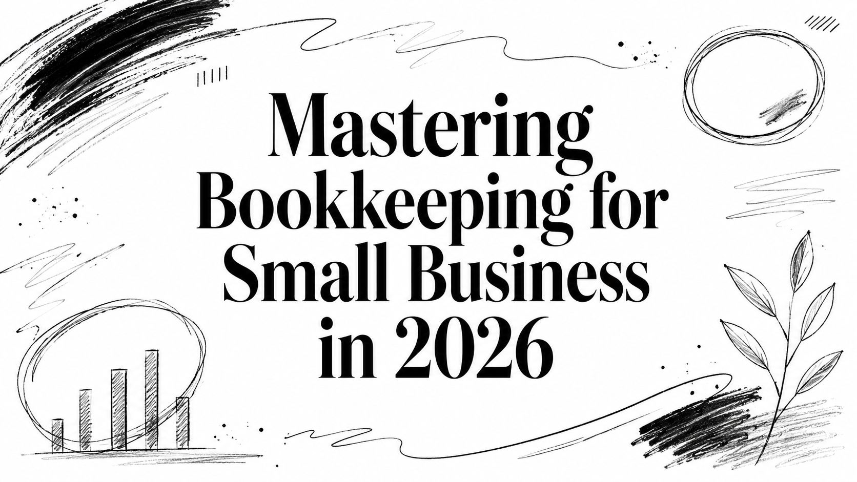 Title slide: 'Mastering Bookkeeping for Small Business in 2026' with abstract black doodles and plant sketches around the edges.