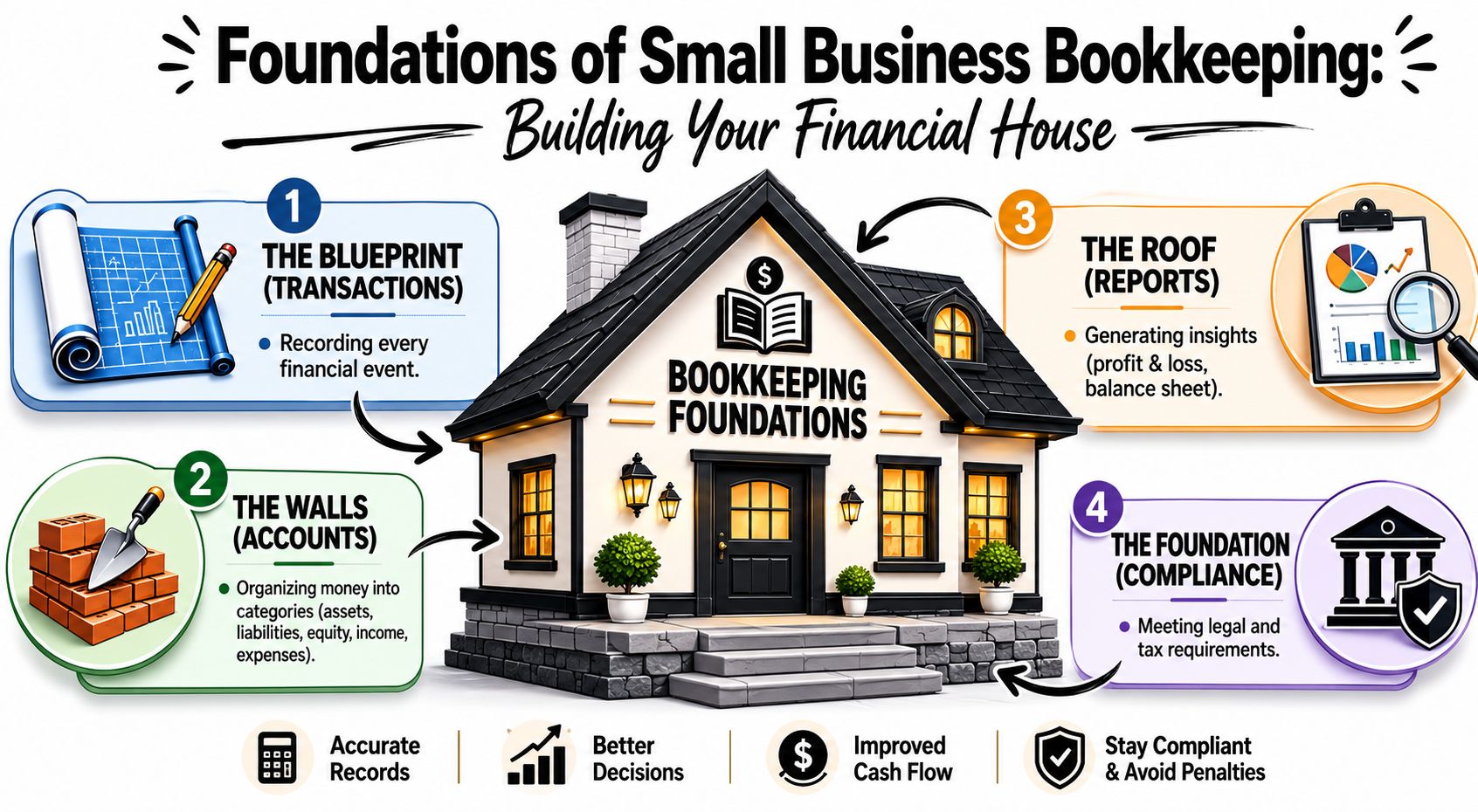 An infographic showing the four foundations of small business bookkeeping using a house building metaphor.