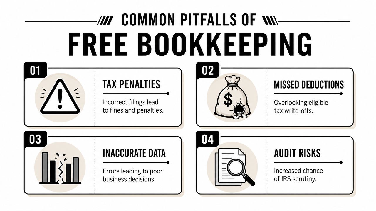 An infographic detailing the four main risks of using free bookkeeping for small business financial management.