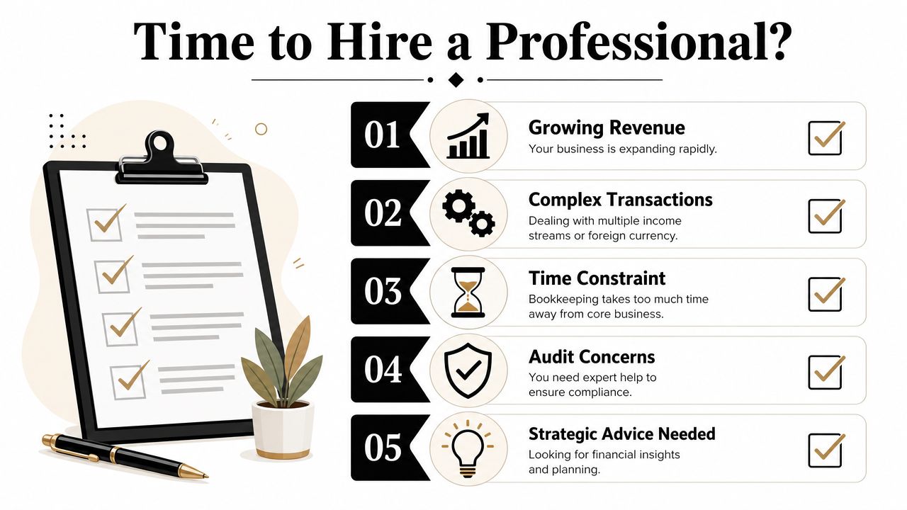 A checklist showing five signs it is time to hire a professional for business bookkeeping needs.