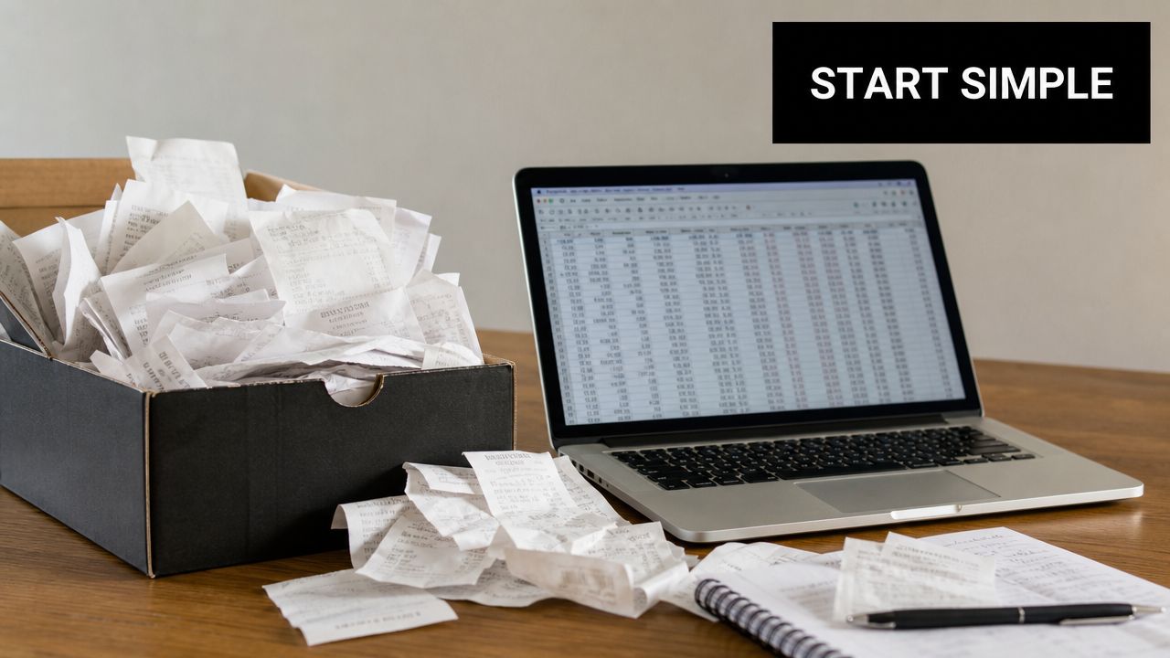 A black box overflowing with crumpled paper receipts next to a laptop displaying a financial spreadsheet.