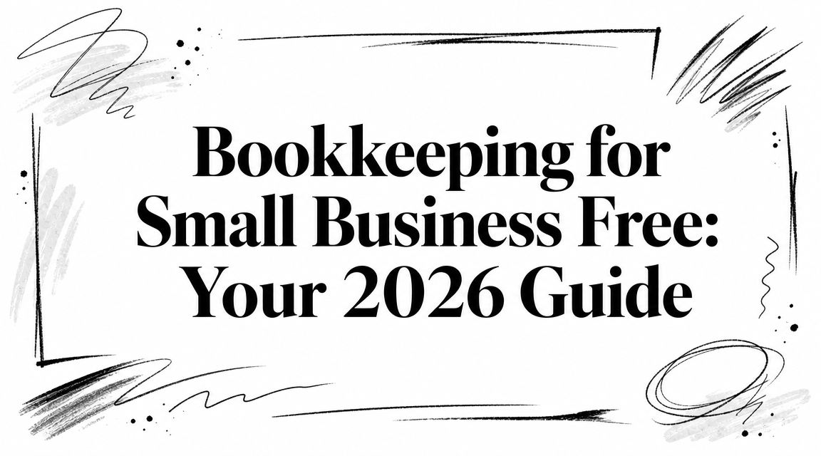 bookkeeping-for-small-business-free-guide Header graphic: "Bookkeeping for Small Business Free: Your 2026 Guide" framed by abstract doodles and brush strokes