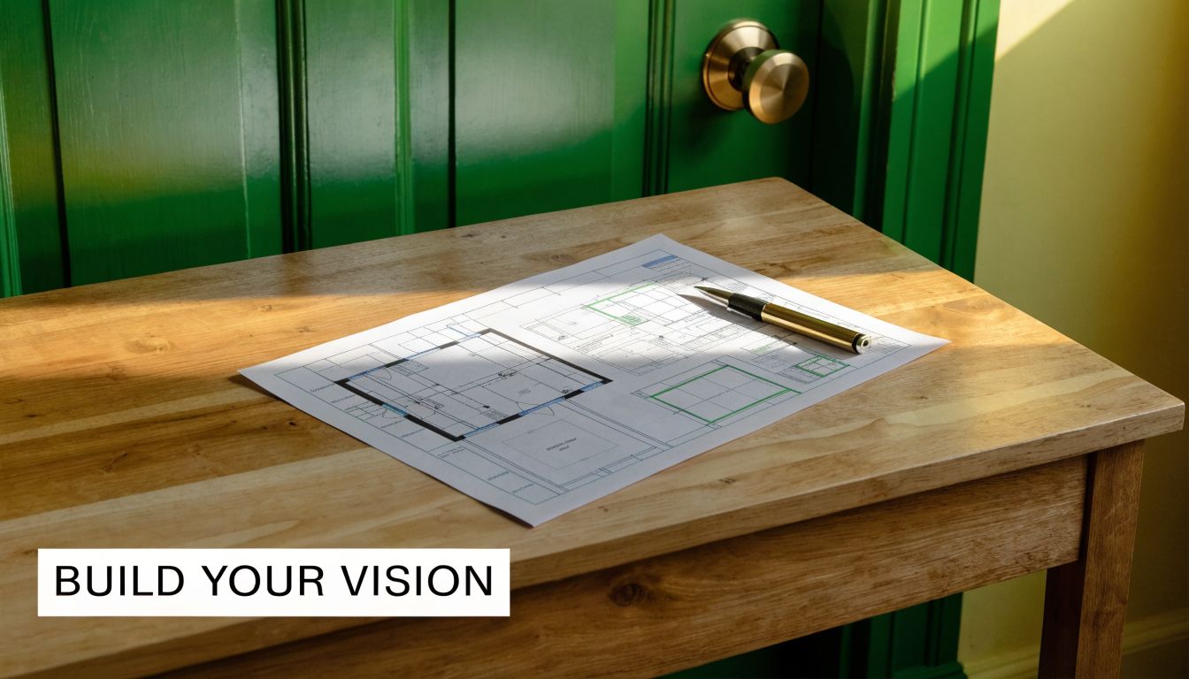 A pen resting on top of architectural house plans placed on a wooden desk near a door.