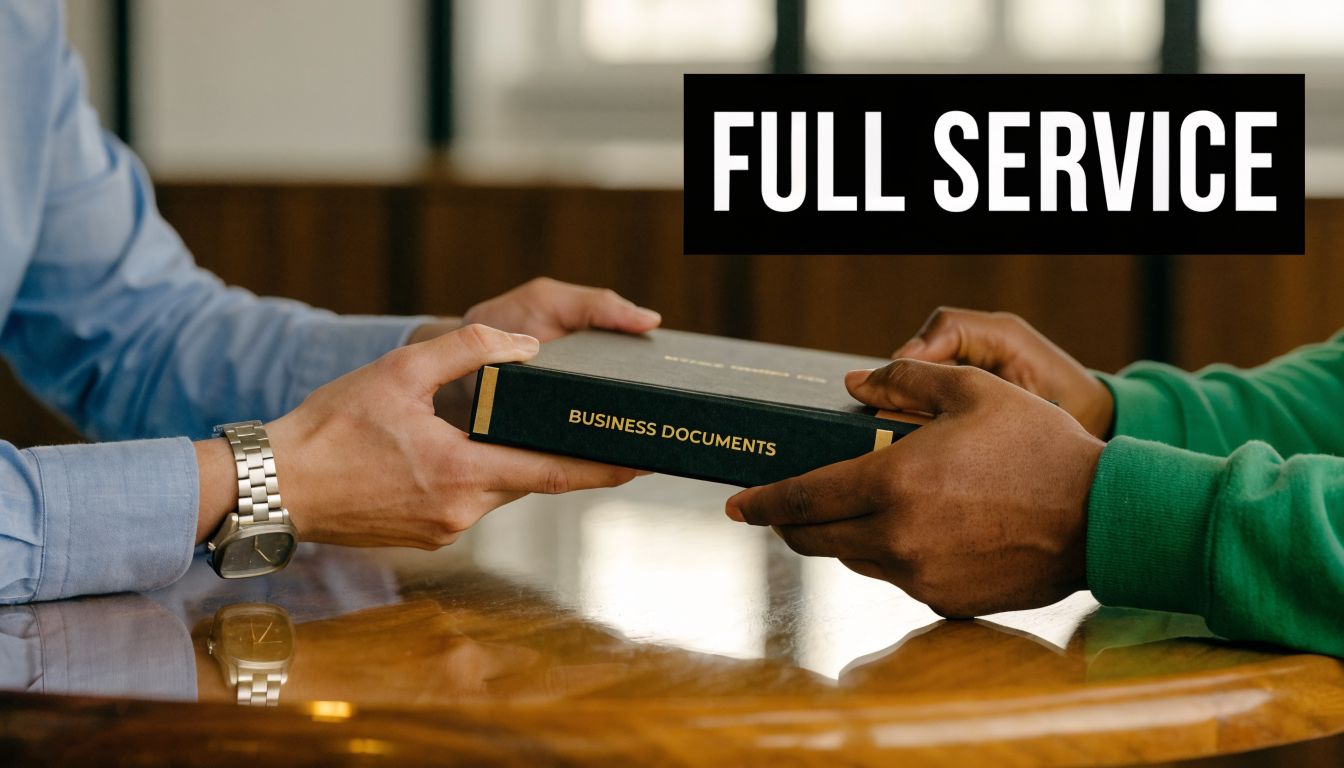Two people exchanging a professional black folder labeled business documents across a wooden table.