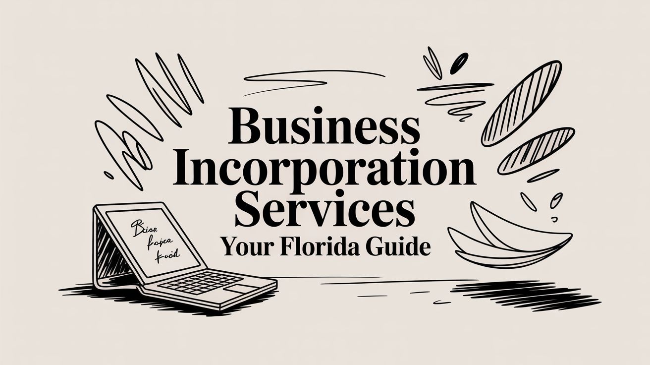 Bold header graphic: 'Business Incorporation Services' with subtitle 'Your Florida Guide' and a sketchy laptop illustration on a beige background, no people.