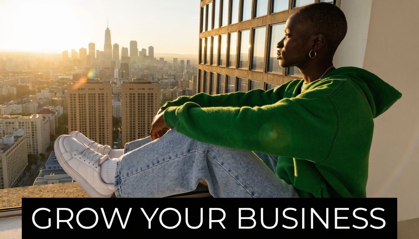 A person wearing a green hoodie sitting on a rooftop overlooking a sunset city skyline.