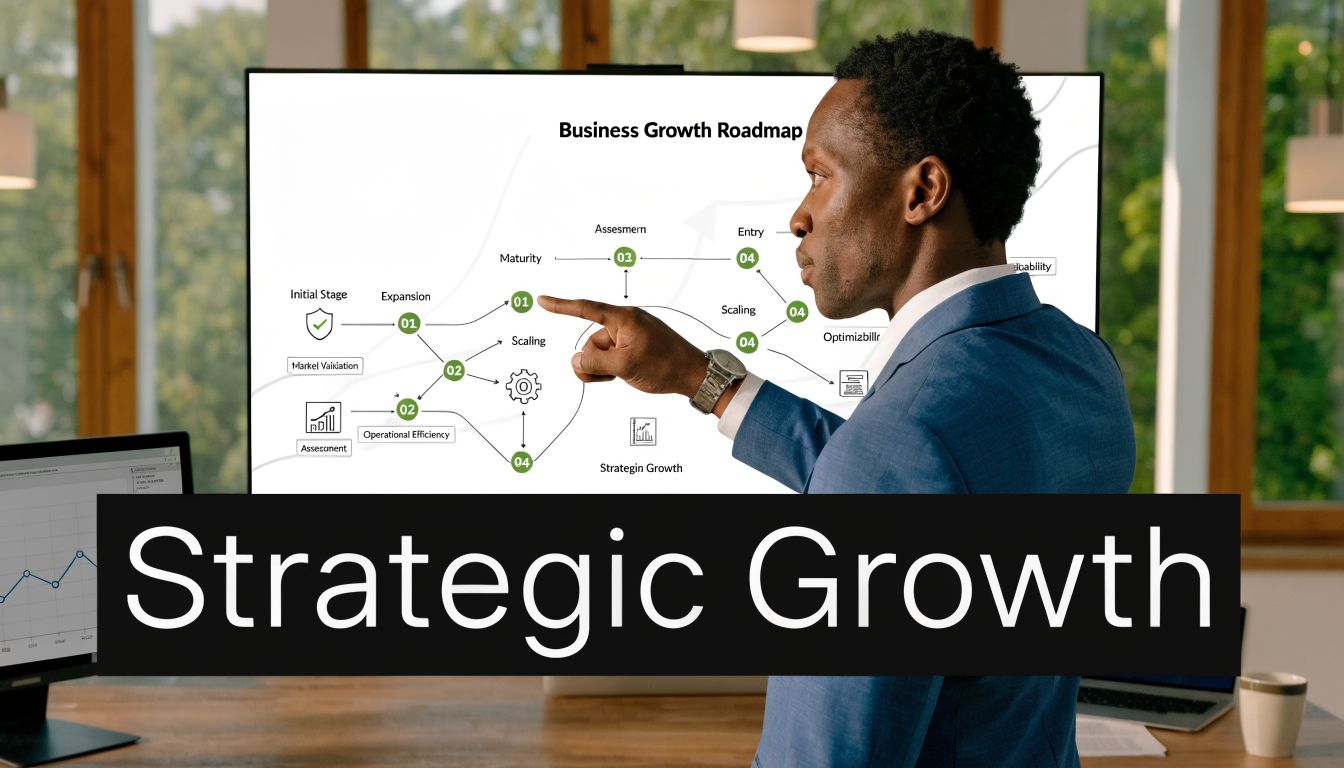 A professional man pointing to a business growth roadmap presentation on a large digital monitor display.