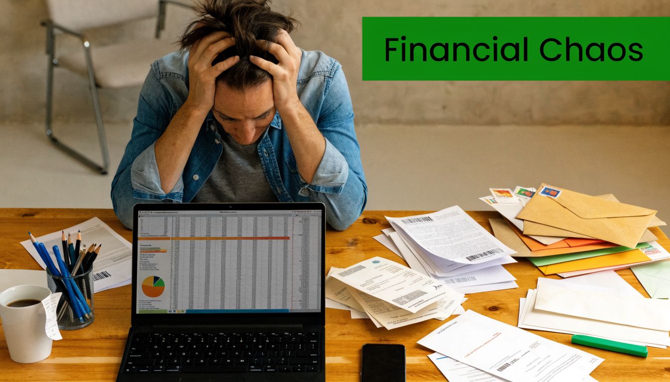 A person looking overwhelmed while sitting at a desk covered in bills and paperwork with a laptop.