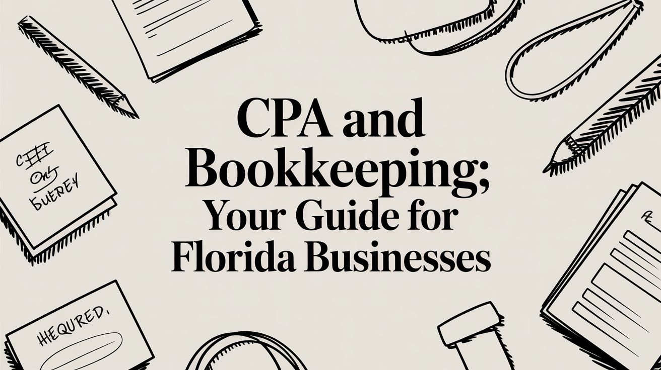 cpa-and-bookkeeping-office-supplies Cover image with the title 'CPA and Bookkeeping; Your Guide for Florida Businesses' surrounded by hand-drawn office doodles (pencils, notebooks, binders).