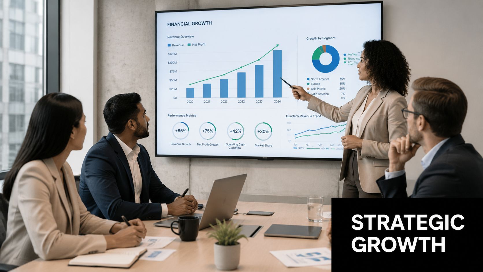 A businesswoman presents financial growth charts on a large screen to colleagues during a professional board meeting.