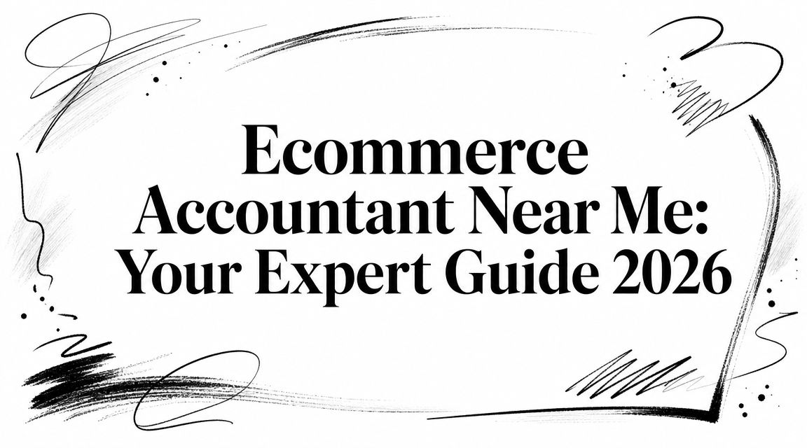 Title card reading 'Ecommerce Accountant Near Me: Your Expert Guide 2026' with black brushstroke border and abstract doodles.