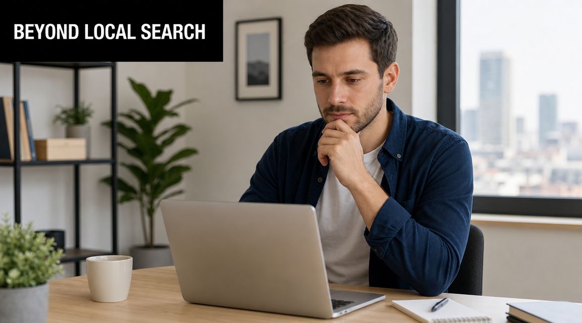 A professional man sitting at his desk working on a laptop, thoughtfully considering his ecommerce accounting needs.