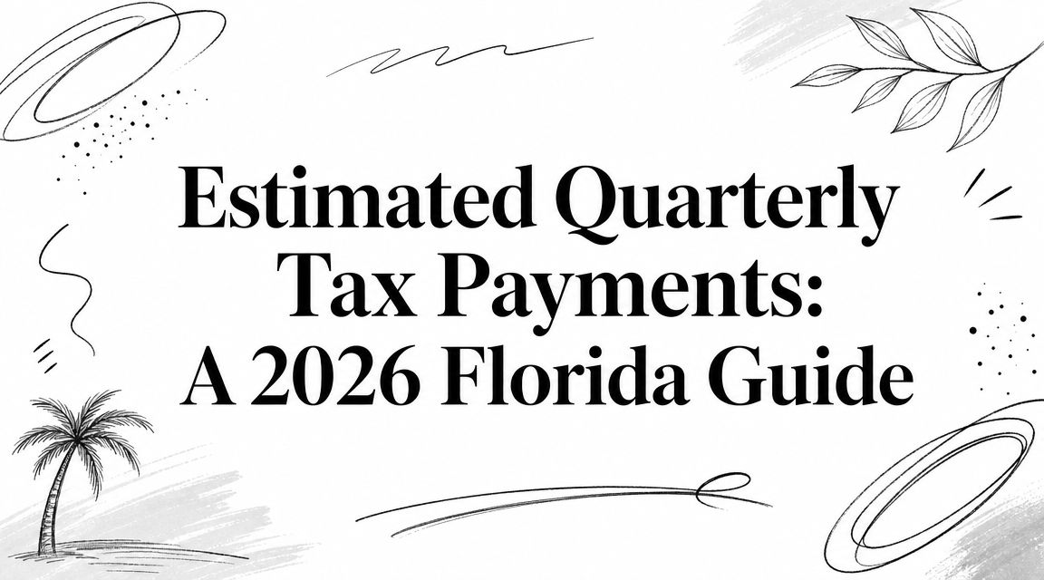 Banner showing the title 'Estimated Quarterly Tax Payments: A 2026 Florida Guide' with decorative doodles and a palm tree motif.