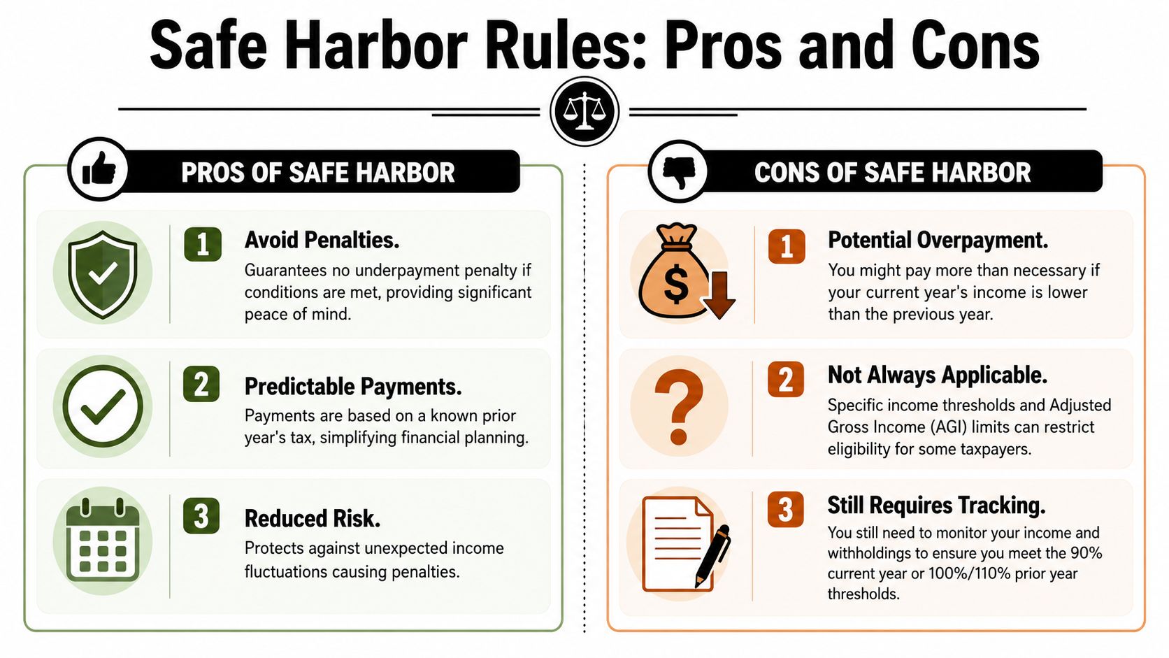 An infographic showing the pros and cons of using Safe Harbor rules for tax payments.