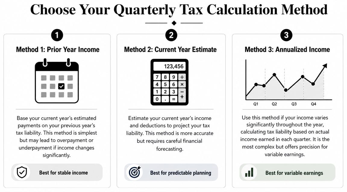 An infographic detailing three methods for calculating quarterly tax payments for businesses and individuals.