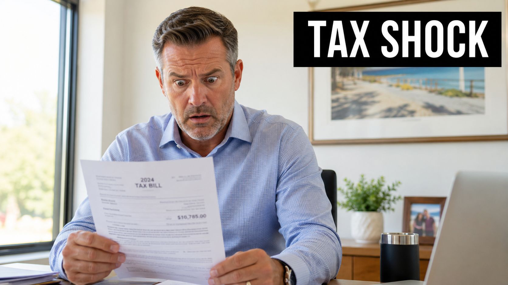 A shocked man looking at a high 2024 tax bill document while sitting at his desk.