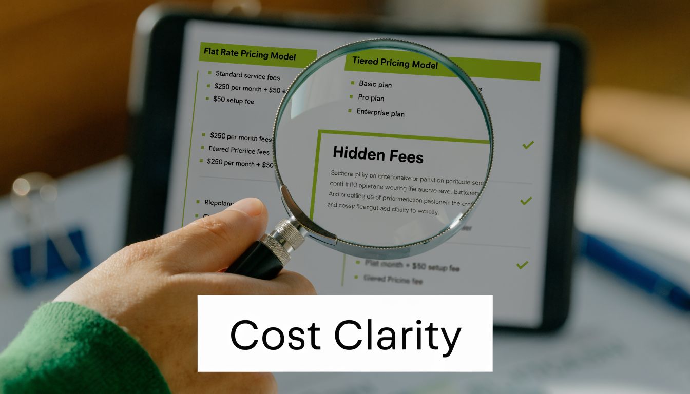 A hand using a magnifying glass to examine pricing models and hidden fees on a tablet screen.