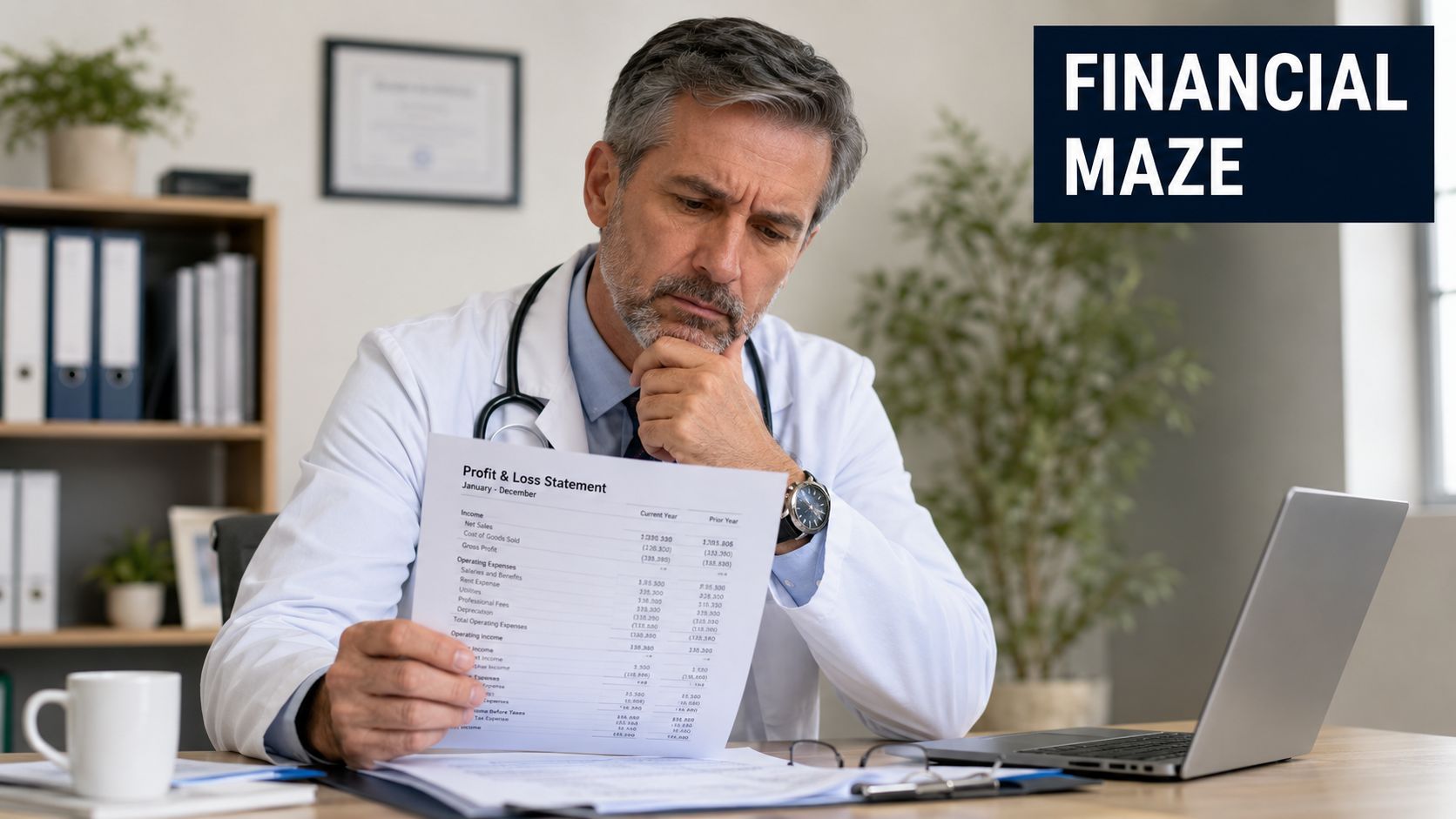A concerned doctor reviewing a financial Profit & Loss statement while sitting at a desk with a laptop.