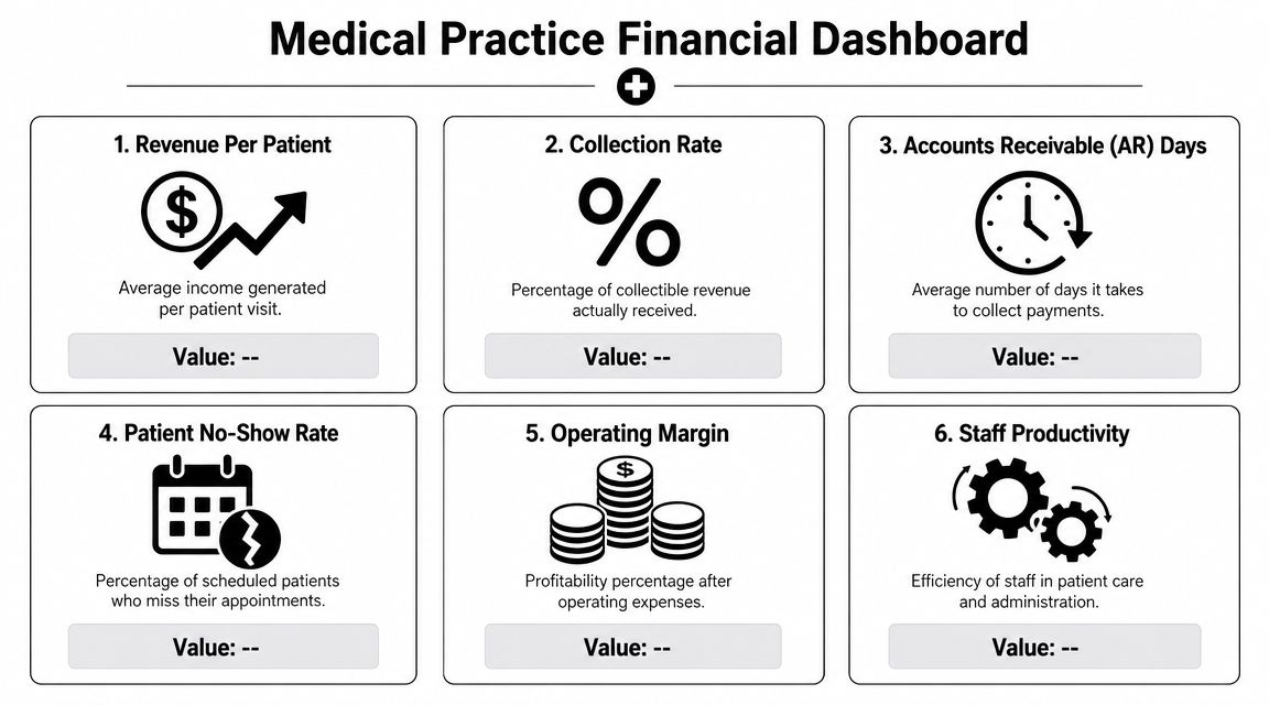A financial dashboard for a medical practice featuring six key performance indicators for healthcare business management.