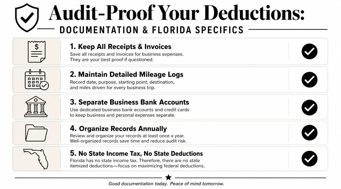 An infographic titled Audit-Proof Your Deductions listing five essential tips for maintaining tax documentation in Florida.