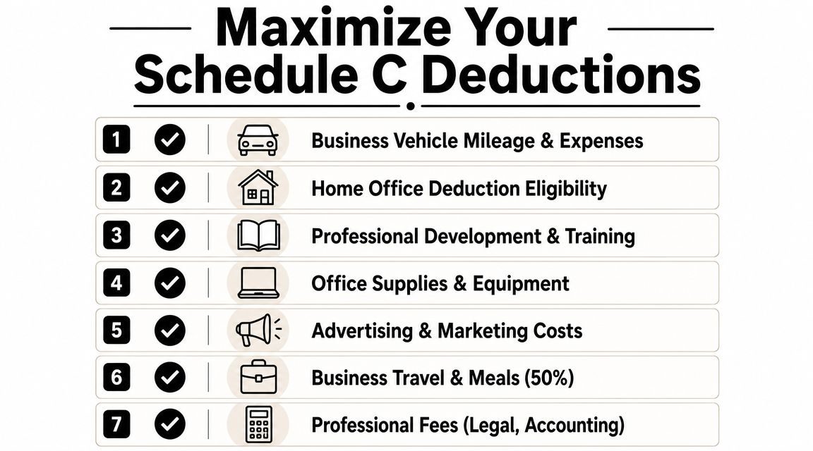 A checklist listing seven common tax deductible business expenses for individuals filing a Schedule C tax form.