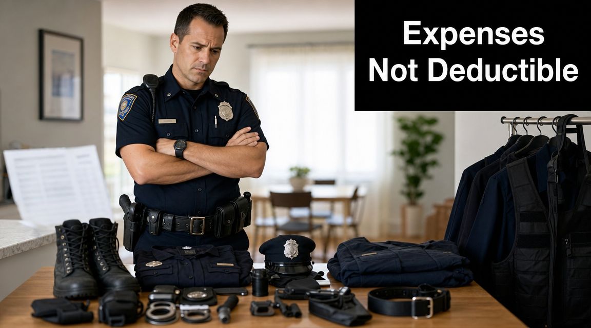 A police officer stands behind a table with uniform items, symbolizing police officer deductions for taxes.