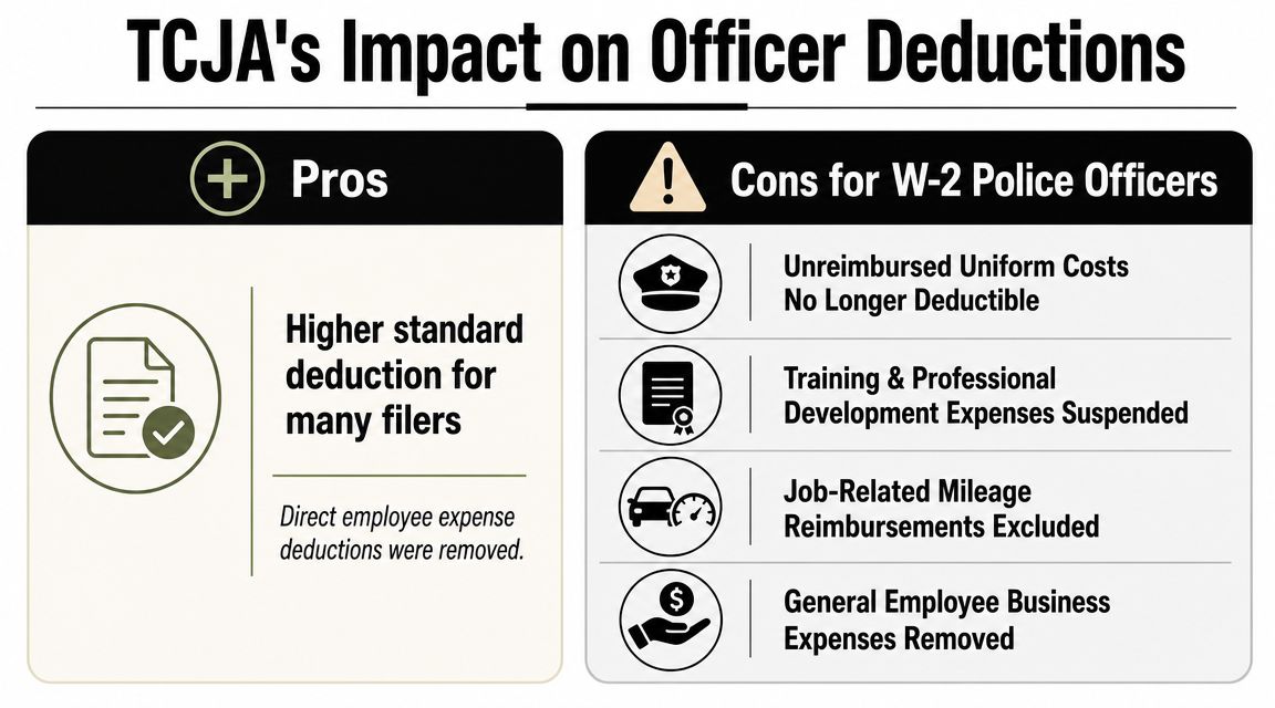 An infographic summarizing the pros and cons of TCJA tax changes for W-2 police officers.