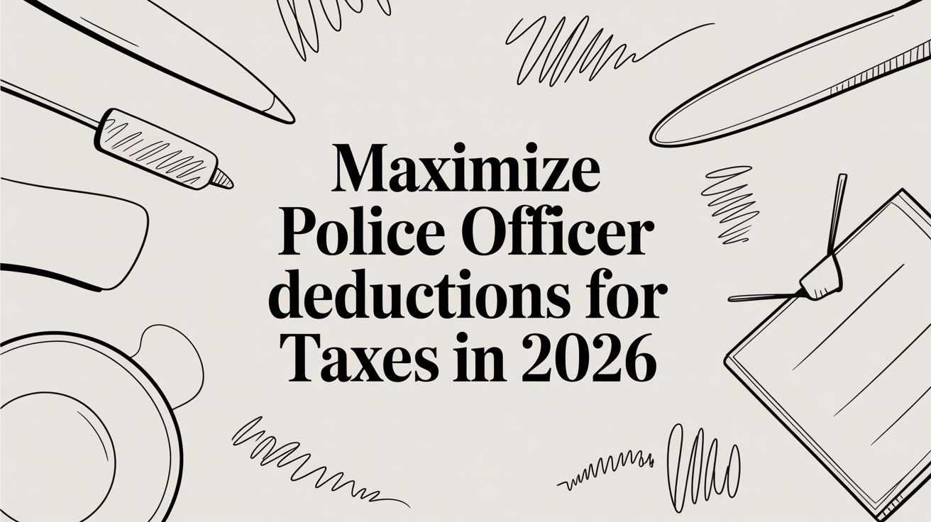 police-officer-deductions-for-taxes-tax-planning Bold title: 'Maximize Police Officer deductions for Taxes in 2026' surrounded by outline doodles of office items on a beige background.